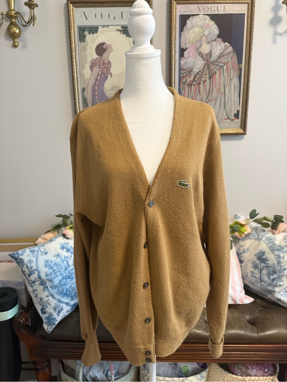 Vintage 1970’s Lacoste Women’s Camel Brown V-Neck Button Cardigan Sweater